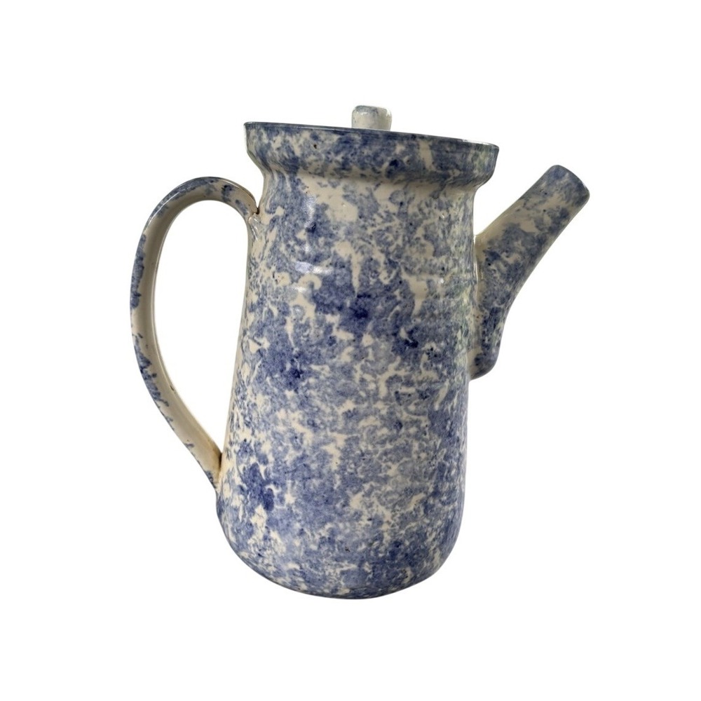 Antique Blue & White Spongeware Stoneware Pitcher With Lid 7.5" Tall